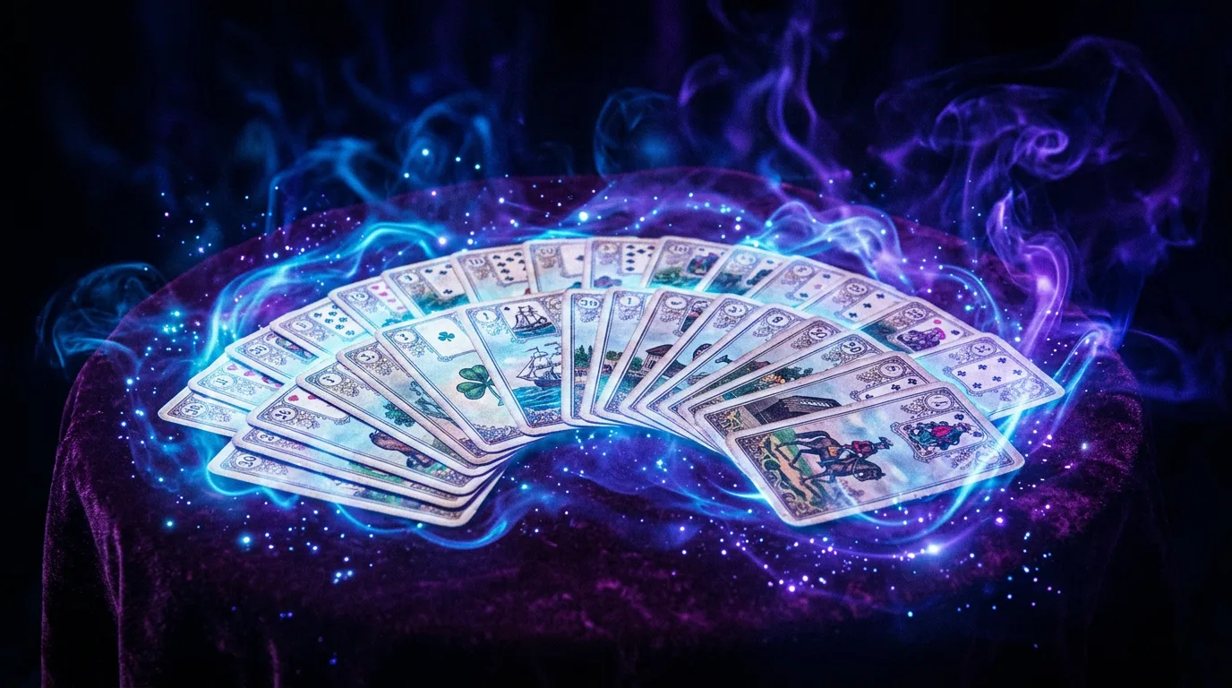 Ausgelegte Lenormand-Karten in neonblauem und violettem Licht