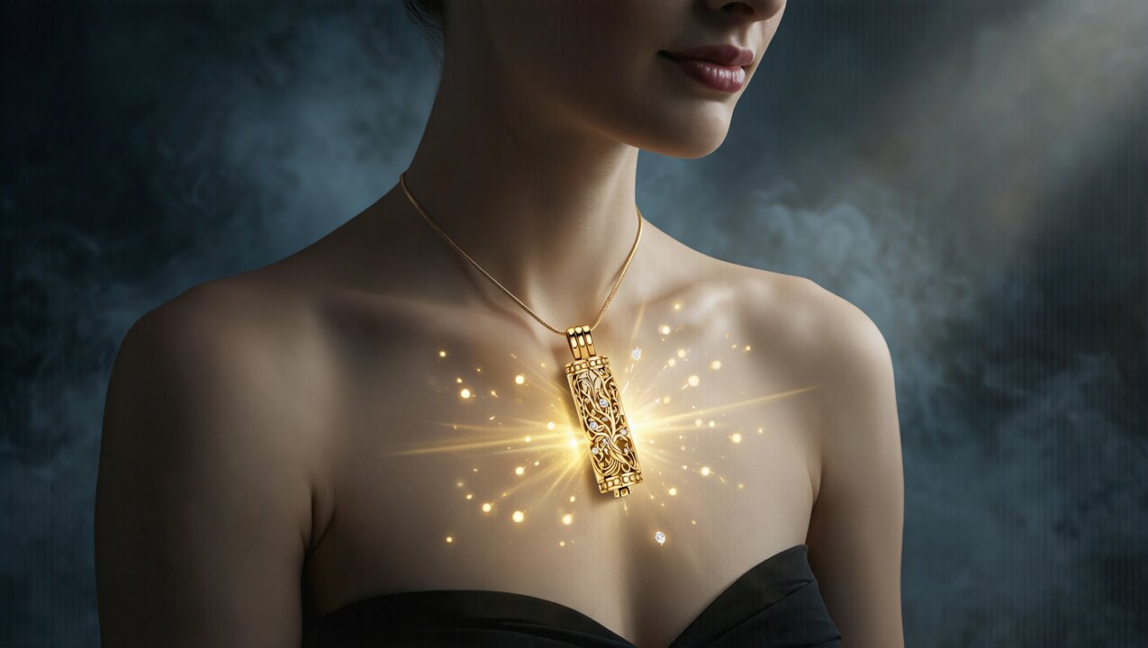 Frau trägt das goldene Schutzamulett um den Hals, umgeben von warmen goldenen Lichtstrahlen