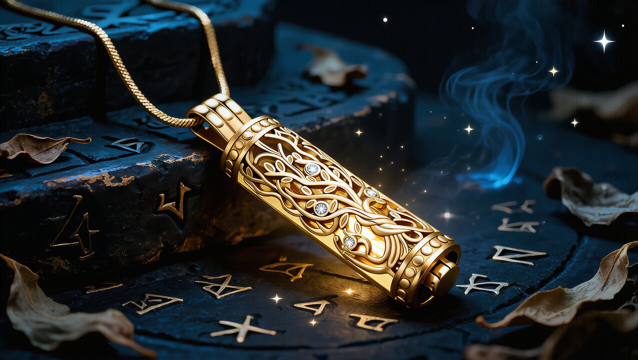 Goldenes handgefertigtes Schutzamulett mit Lebensbaum-Motiv, liegend auf einem alten Runenstein im Kerzenlicht