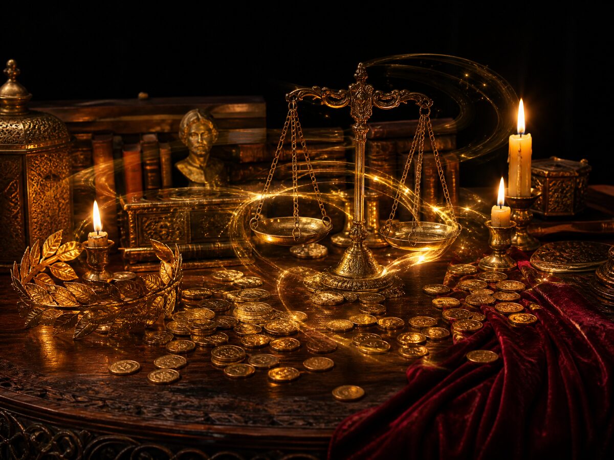 Ritualtisch mit goldenen Münzen, Messingwaage und brennenden Kerzen