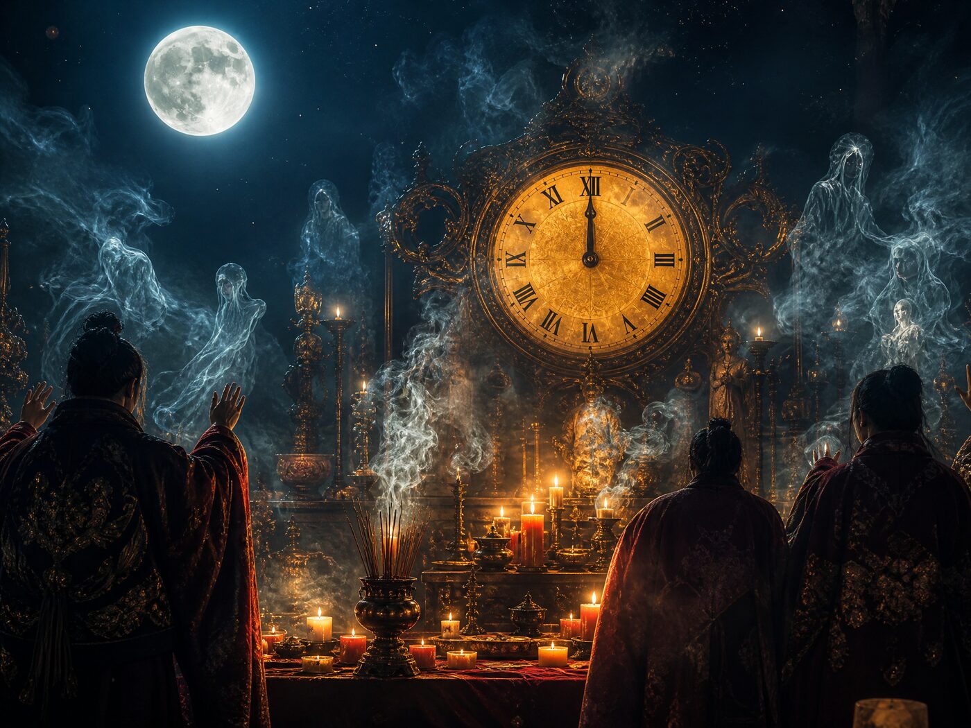 Mitternächtliches Ritual mit Vollmond, brennenden Kerzen und einer goldenen Uhr, die genau 00:00 Uhr zeigt