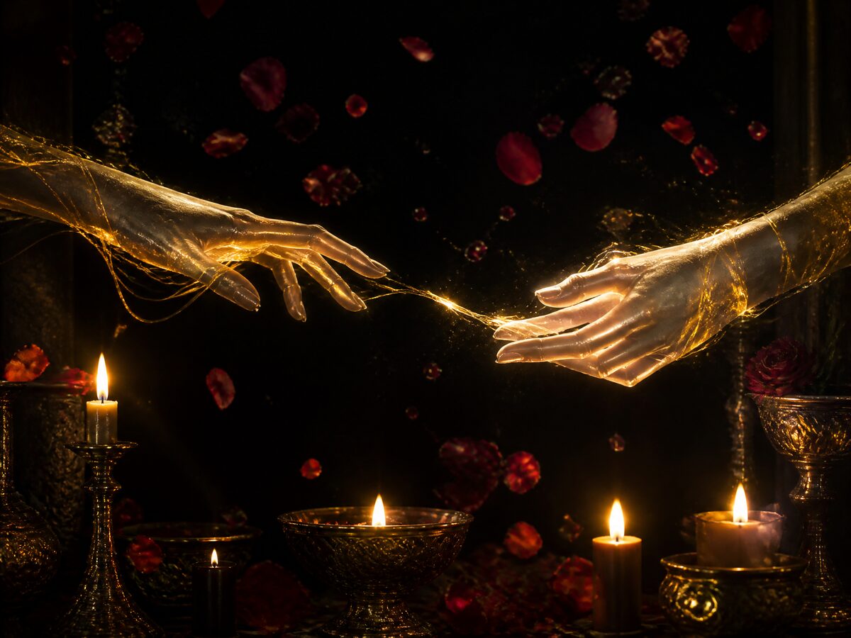 Zwei leuchtende Hände, verbunden durch einen goldenen Lichtfaden, mit Rosenblättern und Kerzenlicht