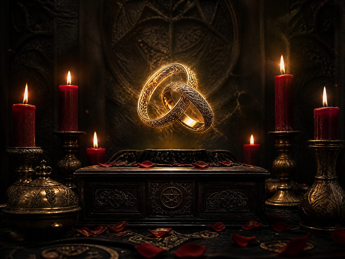 Zwei goldene Eheringe über einem antiken Ritualaltar mit roten Kerzen