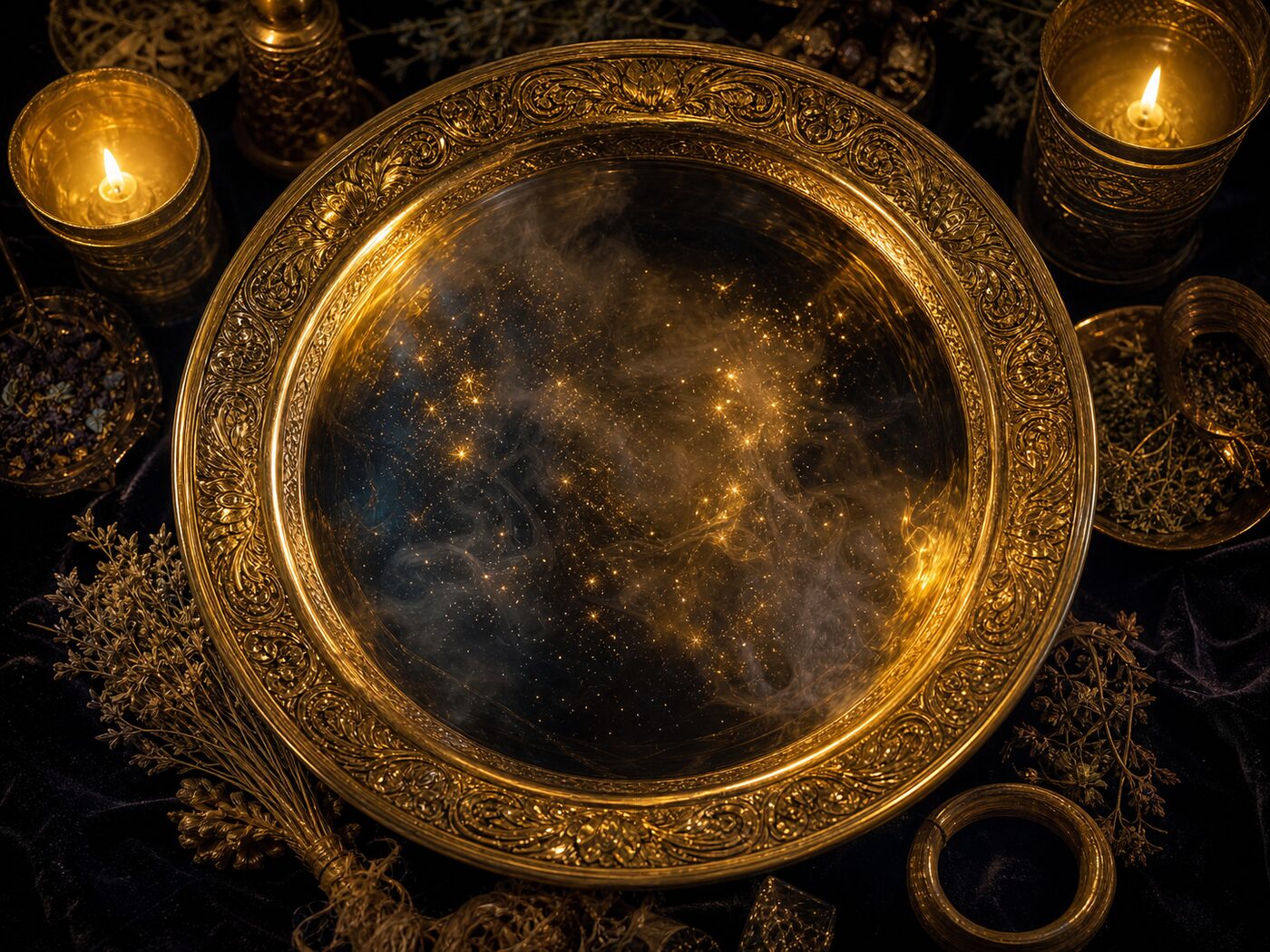 Blick von oben in die goldene Ritualschale mit energetisch aufgeladenem Wasser und goldenen Lichtspiegelungen