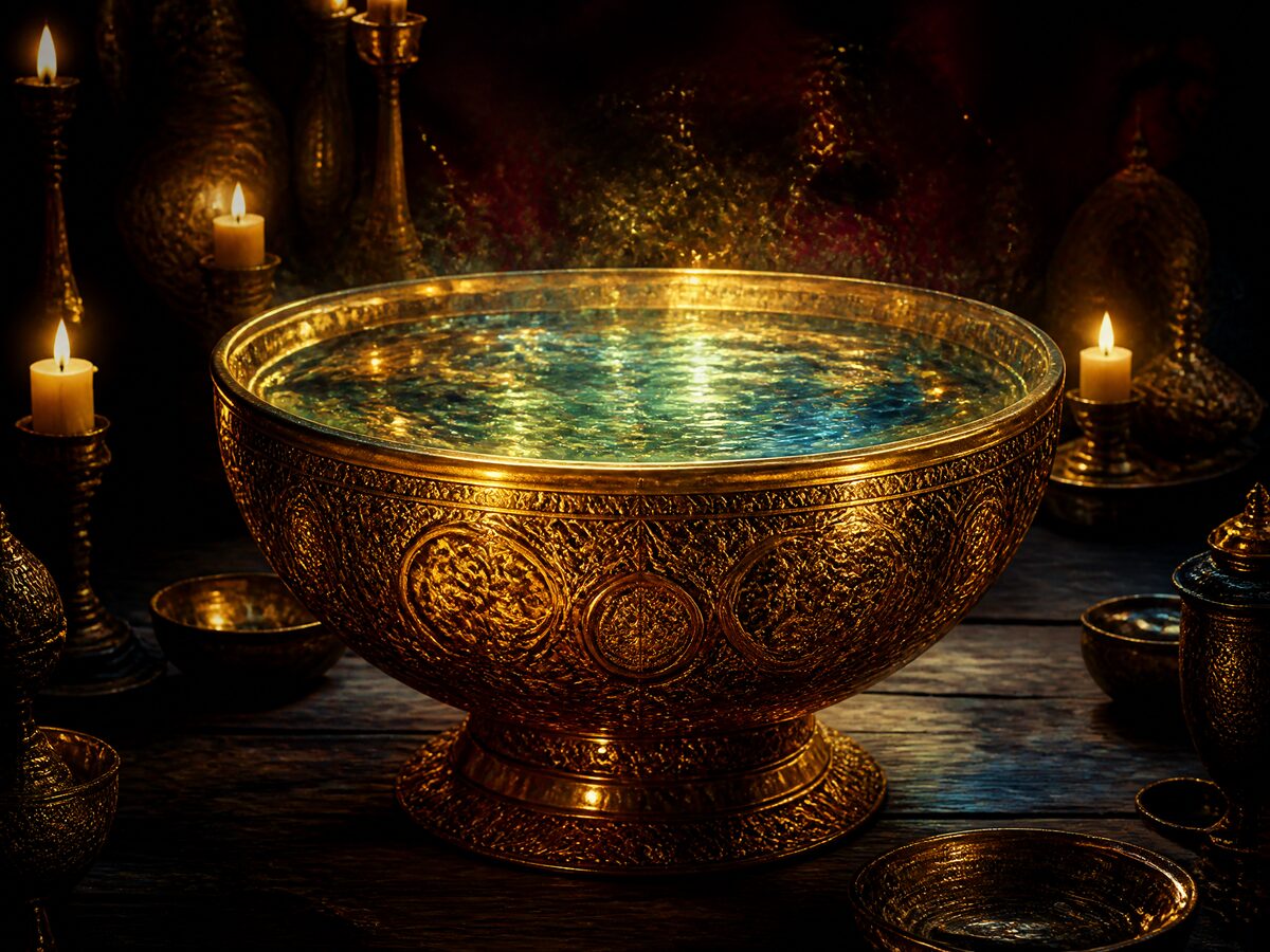 Goldene Schale mit energetisch aufgeladenem, golden leuchtendem Wasser im Kerzenlicht